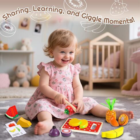 35pcs تلعب خشبيًا طعامًا للأطفال الصغار 1-3 ، يلعب ألعاب الطعام إكسسوارات المطبخ مع سلة تخزين ، وبطاقات تعليمية ، وقطع ثمار الغذاء ألعاب Montessori Toys Gift for Kids Girls Age 3 4 5 6 in Kuwait