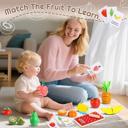 35pcs تلعب خشبيًا طعامًا للأطفال الصغار 1-3 ، يلعب ألعاب الطعام إكسسوارات المطبخ مع سلة تخزين ، وبطاقات تعليمية ، وقطع ثمار الغذاء ألعاب Montessori Toys Gift for Kids Girls Age 3 4 5 6 in Kuwait