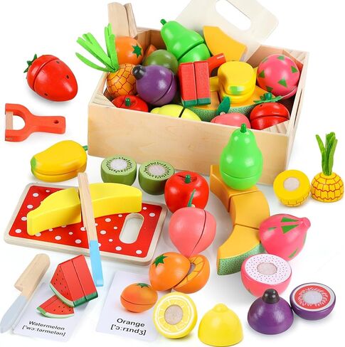 35pcs تلعب خشبيًا طعامًا للأطفال الصغار 1-3 ، يلعب ألعاب الطعام إكسسوارات المطبخ مع سلة تخزين ، وبطاقات تعليمية ، وقطع ثمار الغذاء ألعاب Montessori Toys Gift for Kids Girls Age 3 4 5 6 in Kuwait
