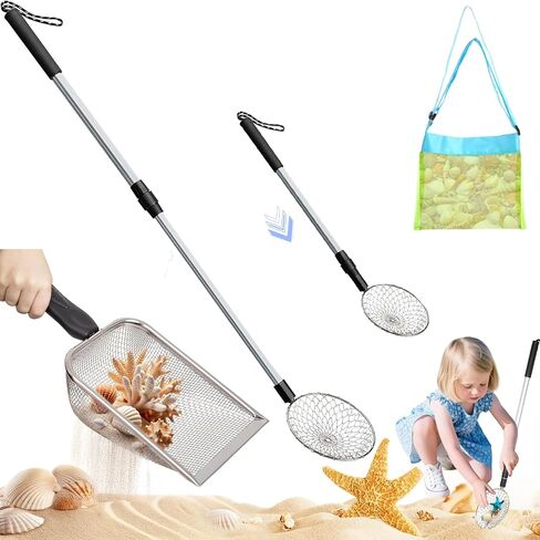3pcs Sand Sifter for the Beach ، Scoop Scoop القابلة للتعديل ، مقارف قذيفة غربلة القشرة للشاطئ مع مقبض طويل ، Sifter Shark Tooth Sifter للشاطئ (الفضة) in Saudi Arabia