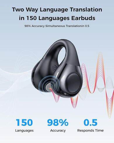سماعات الأذن ترجمة AI ، تترجمات 3-in-1 سماعات الأذن 150 لغة ولهجات ، Hifi Sound ، Fit iOS و Android ، تصميم مقطع مفتوح للسفر والتعلم والأعمال （أسود） in Saudi Arabia