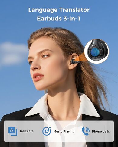 سماعات الأذن ترجمة AI ، تترجمات 3-in-1 سماعات الأذن 150 لغة ولهجات ، Hifi Sound ، Fit iOS و Android ، تصميم مقطع مفتوح للسفر والتعلم والأعمال （أسود） in Saudi Arabia