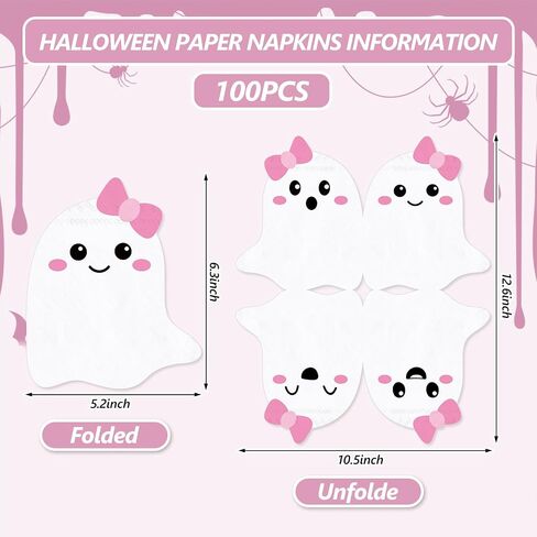Whaline 100Pcs Halloween Paper Napkins 4 Styles Pink Bow Ghost Disposable Napkins Spooky Boo Luncheon Dinner Napkin for Halloween Baby Shower Tableware in Saudi Arabia