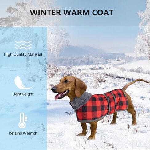 GeyeCete Dachshund Winter Coat Grid Coats Dog Coats Coats Ceilted Dog Jacket Coat Thermal ، مع بطانة الفانيلا الدافئة في الخارج حمر in Kuwait