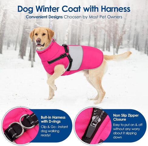 KOESON Dog Coat, Warm Dog Winter Jacket with Harness, Waterproof Pet Cold Weather Coats with Fleece Lining, Reflective & Windproof Snowsuit Sweater for Schnauzer, Yorkshire, Dachshund, Hot Pink S in Kuwait