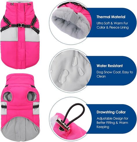 KOESON Dog Coat, Warm Dog Winter Jacket with Harness, Waterproof Pet Cold Weather Coats with Fleece Lining, Reflective & Windproof Snowsuit Sweater for Schnauzer, Yorkshire, Dachshund, Hot Pink S in Kuwait