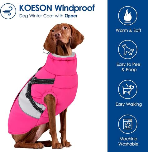 KOESON Dog Coat, Warm Dog Winter Jacket with Harness, Waterproof Pet Cold Weather Coats with Fleece Lining, Reflective & Windproof Snowsuit Sweater for Schnauzer, Yorkshire, Dachshund, Hot Pink S in Kuwait