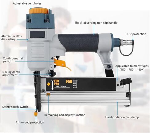 Professional Pneumatic Upholstery Stapler Air Nailer Pneumatic Nail Gun 16Ga/18Ga Woodworking Air Stapler T50 F50 440K Nails(Black) in Saudi Arabia