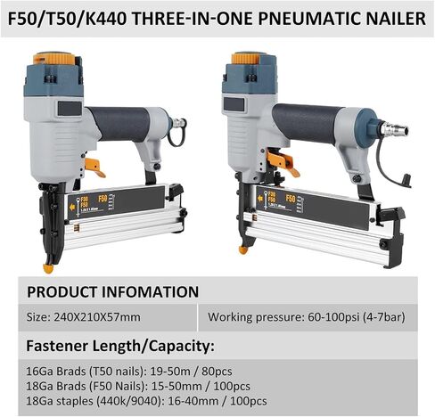 Professional Pneumatic Upholstery Stapler Air Nailer Pneumatic Nail Gun 16Ga/18Ga Woodworking Air Stapler T50 F50 440K Nails(Black) in Saudi Arabia