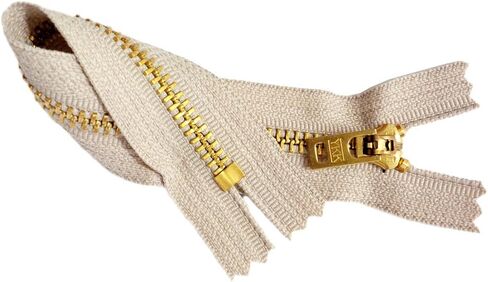Two 7 Inch Brass Jeans Zipper YKK Number 5 Gold Colored Metal Teeth Zips with Locking Slider Closed Bottom Color Natural Beige #572 in Saudi Arabia