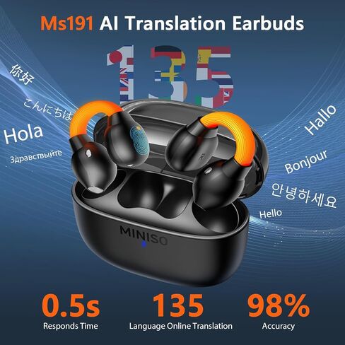 Miniso MS191 AI ترجمة أذن في الوقت الفعلي ، 3 في 1 Language Translator سماعات أذن مفتوحة مقطع أذن لدعم سماعات الرأس لدعم 135 لغة جهاز الترجمة لتعلم أعمال السفر in Saudi Arabia