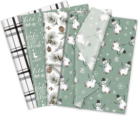 JarThenaAMCS 120 Sheets Christmas Tissue Paper Snowman Pinecone Plaid Gift Wrapping Paper Sage Green Art Paper for Winter Xmas Home Party DIY Crafts Supplies, 14 x 20 Inch in Saudi Arabia