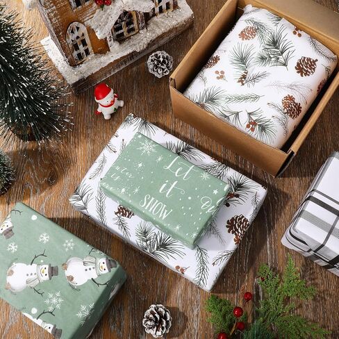 JarThenaAMCS 120 Sheets Christmas Tissue Paper Snowman Pinecone Plaid Gift Wrapping Paper Sage Green Art Paper for Winter Xmas Home Party DIY Crafts Supplies, 14 x 20 Inch in Saudi Arabia