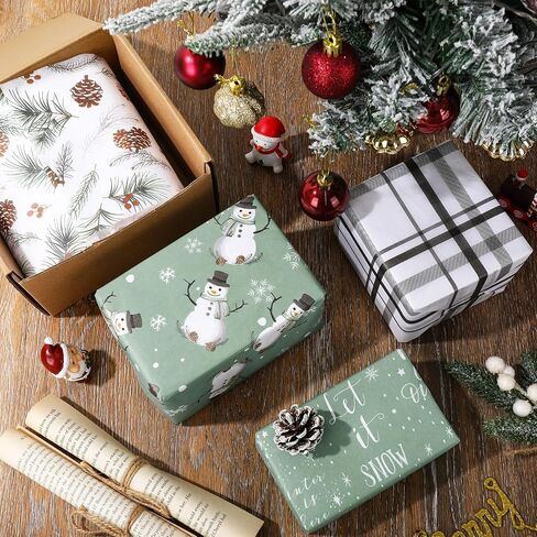 JarThenaAMCS 120 Sheets Christmas Tissue Paper Snowman Pinecone Plaid Gift Wrapping Paper Sage Green Art Paper for Winter Xmas Home Party DIY Crafts Supplies, 14 x 20 Inch in Saudi Arabia