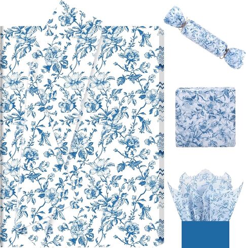 100 Sheet Blue Floral Tissue Paper, 20x14 Chinoiserie Gift Wrapping Paper Vintage Flower Packaging Tissue for DIY Crafts Birthday Baby Shower Wedding Bridal Shower Tea Party Decor (Blue) in Saudi Arabia
