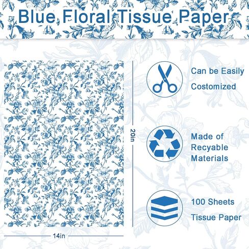 100 Sheet Blue Floral Tissue Paper, 20x14 Chinoiserie Gift Wrapping Paper Vintage Flower Packaging Tissue for DIY Crafts Birthday Baby Shower Wedding Bridal Shower Tea Party Decor (Blue) in Saudi Arabia
