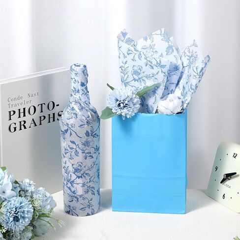 100 Sheet Blue Floral Tissue Paper, 20x14 Chinoiserie Gift Wrapping Paper Vintage Flower Packaging Tissue for DIY Crafts Birthday Baby Shower Wedding Bridal Shower Tea Party Decor (Blue) in Saudi Arabia