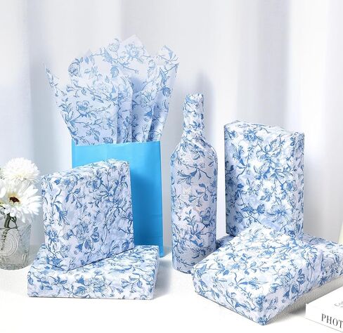100 Sheet Blue Floral Tissue Paper, 20x14 Chinoiserie Gift Wrapping Paper Vintage Flower Packaging Tissue for DIY Crafts Birthday Baby Shower Wedding Bridal Shower Tea Party Decor (Blue) in Saudi Arabia