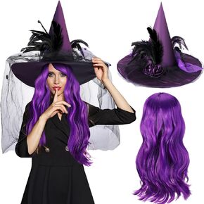 Ramede 2 قطعة هالوين العروس قبعة الساحرة قبعة الساحرات البيضاء مع الحجاب زهرة ريشة الملحقات زي الساحرة للنساء و 28 بوصة الأرجواني شعر مستعار مع قبعة شعر مستعار تأثيري الكبار الساحرة زي in Kuwait
