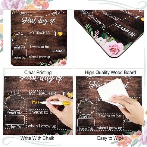 Capoda First Day and Last Day School Board Floral Back to School Wooden Chalk Board Farmhouse Classroom Chalkboard for Kids Preschool Kindergarten Sign, 13.8 x 9.8 Inch in Saudi Arabia