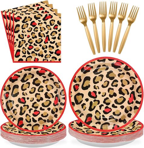Grencian 96Pcs Cheetah Print Party Supplies Red Leopard Party Plates and Napkins Disposable Red Leopard Safari Theme Tableware Set for Jungle Safari Cheetah Theme Party Birthday Baby Shower Serves 24 in Saudi Arabia