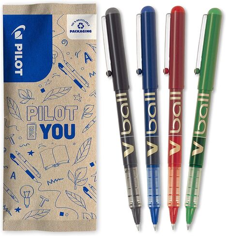PILOT - 4 V-ball 07 Rollerball Pens - Liquid Ink For Smooth And Accurate Writing - Quick Drying - Black, Blue, Red, Green - Medium Point in Saudi Arabia