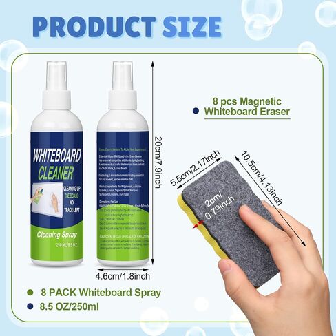 16 pcs مجموعة منظف السبورة الجافة ، 8.5 fl oz whiteboard cleaning رذاذ لوحة محو جاف منظف سائل مع 8 محايات لوحة طباشير مغناطيسية للمكتب المنزلي للفصول الدراسية in Saudi Arabia