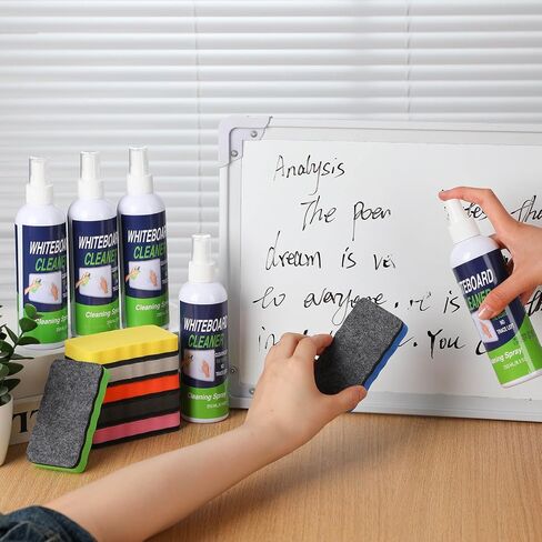 16 pcs مجموعة منظف السبورة الجافة ، 8.5 fl oz whiteboard cleaning رذاذ لوحة محو جاف منظف سائل مع 8 محايات لوحة طباشير مغناطيسية للمكتب المنزلي للفصول الدراسية in Saudi Arabia