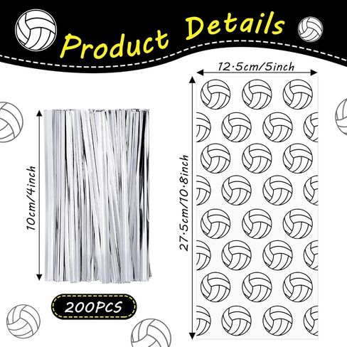 Outus 100 PCS كرة طائرة للطباعة السيلوفان أكياس كرة الطائرة لحفلات الهدايا معاملة حقائب مع 200 قطعة تويست لمستلزمات حفلة عيد ميلاد جودي لصالح in Saudi Arabia