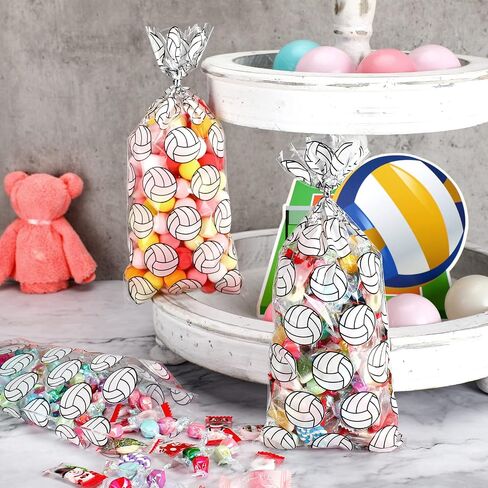 Outus 100 PCS كرة طائرة للطباعة السيلوفان أكياس كرة الطائرة لحفلات الهدايا معاملة حقائب مع 200 قطعة تويست لمستلزمات حفلة عيد ميلاد جودي لصالح in Saudi Arabia