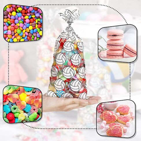 Outus 100 PCS كرة طائرة للطباعة السيلوفان أكياس كرة الطائرة لحفلات الهدايا معاملة حقائب مع 200 قطعة تويست لمستلزمات حفلة عيد ميلاد جودي لصالح in Saudi Arabia