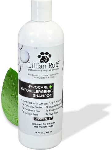 Lillian Ruff PRO Formula HypoCare+ | Clinically Tested Hypoallergenic Dog Shampoo - Itch & Allergy Relief for Sensitive Skin – Fragrance-Free with Oatmeal, Aloe, Vitamin E, Provitamin B5 - USA Made in Kuwait