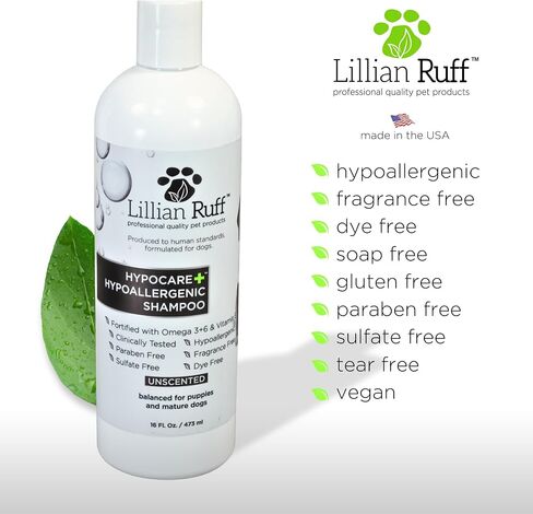 Lillian Ruff PRO Formula HypoCare+ | Clinically Tested Hypoallergenic Dog Shampoo - Itch & Allergy Relief for Sensitive Skin – Fragrance-Free with Oatmeal, Aloe, Vitamin E, Provitamin B5 - USA Made in Kuwait