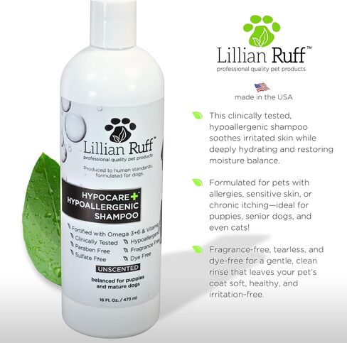 Lillian Ruff PRO Formula HypoCare+ | Clinically Tested Hypoallergenic Dog Shampoo - Itch & Allergy Relief for Sensitive Skin – Fragrance-Free with Oatmeal, Aloe, Vitamin E, Provitamin B5 - USA Made in Kuwait
