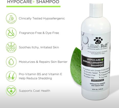 Lillian Ruff PRO Formula HypoCare+ | Clinically Tested Hypoallergenic Dog Shampoo - Itch & Allergy Relief for Sensitive Skin – Fragrance-Free with Oatmeal, Aloe, Vitamin E, Provitamin B5 - USA Made in Kuwait