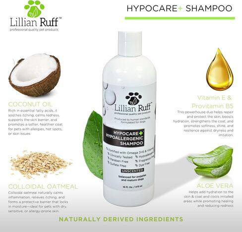 Lillian Ruff PRO Formula HypoCare+ | Clinically Tested Hypoallergenic Dog Shampoo - Itch & Allergy Relief for Sensitive Skin – Fragrance-Free with Oatmeal, Aloe, Vitamin E, Provitamin B5 - USA Made in Kuwait