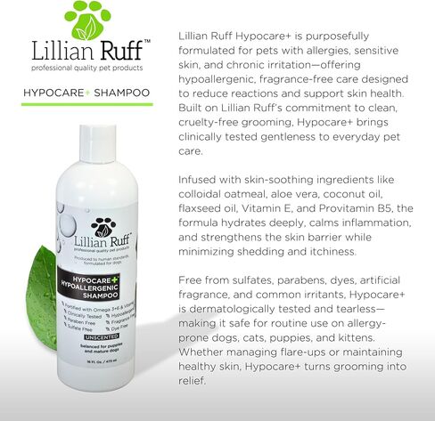 Lillian Ruff PRO Formula HypoCare+ | Clinically Tested Hypoallergenic Dog Shampoo - Itch & Allergy Relief for Sensitive Skin – Fragrance-Free with Oatmeal, Aloe, Vitamin E, Provitamin B5 - USA Made in Kuwait