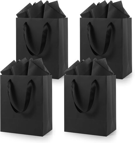 Epoesch Black small Gift Bags With Handles and Tissue Paper，8x5x10 Inch 4 Pack Paper Bags Bulk for Men, Women，Birthdays, Party Shopping, Weddings, Anniversaries, Valentine's Day, Halloween, Christmas in Saudi Arabia