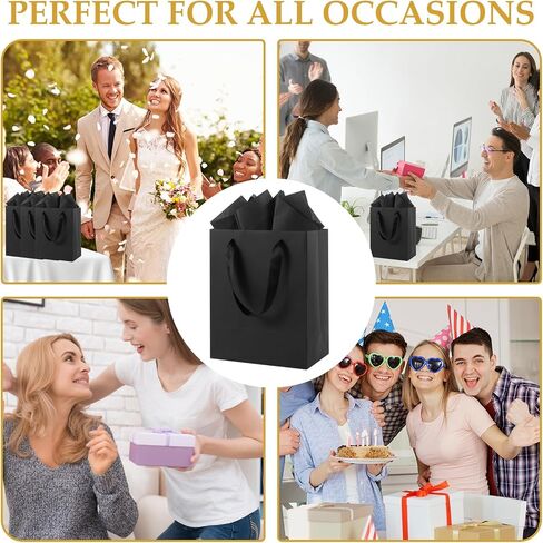 Epoesch Black small Gift Bags With Handles and Tissue Paper，8x5x10 Inch 4 Pack Paper Bags Bulk for Men, Women，Birthdays, Party Shopping, Weddings, Anniversaries, Valentine's Day, Halloween, Christmas in Saudi Arabia