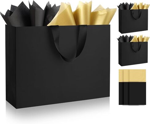 حقائب هدايا صغيرة أسود مع مقابض وورقة منسجة ， 8x5x10 × 4 بوصة 4 أكياس ورقية حزمة كبيرة للرجال ، والنساء ، أعياد الميلاد ، وتسوق الحفلات ، وحفلات الزفاف ، والذكرى السنوية ، عيد الحب ، عيد الهالوين ، عيد الميلاد in Kuwait