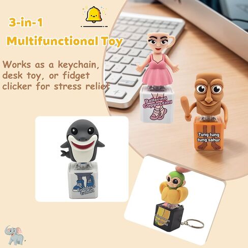 Italian Brainrot Clicker Fidget Keychain with Sound and LED Light - Tralalero Tralala Shark, Tung Tung Tung Sahur, Ballerina Capuchina | Stress Relief Toy for Adults(4pcs) in Kuwait