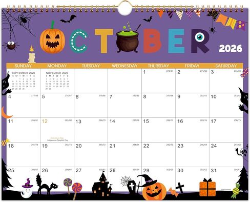 2026 Wall Calendar - Wall Calendar 2026, JAN. 2026 - DEC. 2026, 14.6" x 11.5", Calendar 2026 with Julian Dates, Twin-Wire Binding, Hanging Hook, Thick Paper Includes Major Holidays, Seasonal Designs, Halloween Decorations in Kuwait