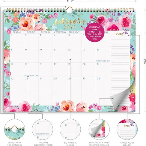 S&O Watercolor Floral Wall Calendar from July 2025-Dec 2026 - Tear-Off Monthly Calendar - 18 Month Academic Wall Planner - Hanging Organizer to Track for Anniversaries & Appointments - 13.5"x10.5"in in Saudi Arabia