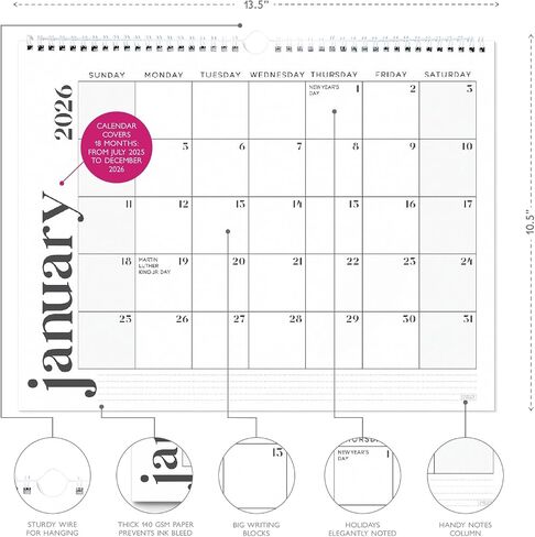 S & O Modern Minimal Gall Calendar من يوليو 2025 -Dec 2026 - التقويم الشهري للدموع - 18 شهرًا مخطط الجدار الأكاديمي - منظم معلقة لتتبع الذكرى السنوية والمواعيد - 13.5 "× 10.5" في in Saudi Arabia