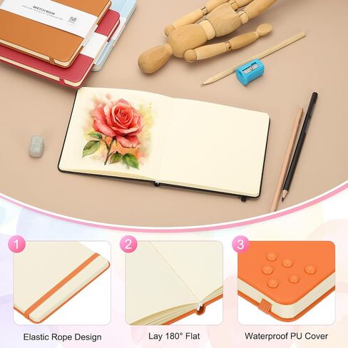 PATIKIL 5x5" Hardcover Leather Pocket Sketchbook, 3Pcs 58 Sheets 150GSM/102lb Blank Notebook Travel Journal Sketching Pad for Writing Drawing Painting Artist, Orange in Saudi Arabia
