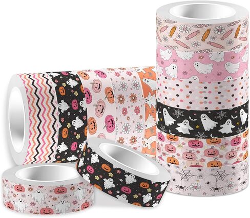 12 رولز هالوين شريط Washi Pink Halloween Pumpkin Ghost Flower Prints Laving Tape 16.4ft Cute Discorative Boho Design Tape Stickers for Halloween Scrapbook Journal Diy Art Craft Glapp in Kuwait