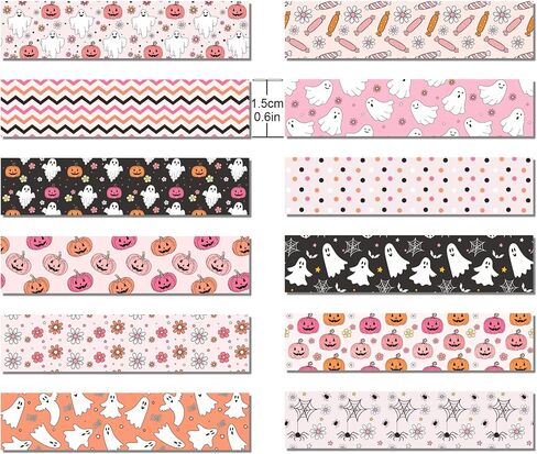 12 رولز هالوين شريط Washi Pink Halloween Pumpkin Ghost Flower Prints Laving Tape 16.4ft Cute Discorative Boho Design Tape Stickers for Halloween Scrapbook Journal Diy Art Craft Glapp in Kuwait