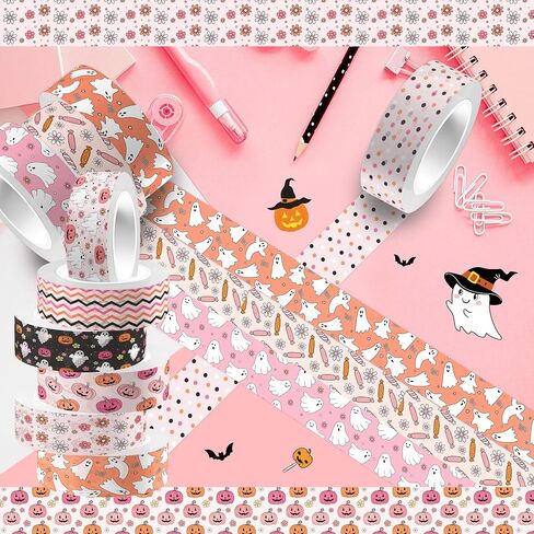 12 رولز هالوين شريط Washi Pink Halloween Pumpkin Ghost Flower Prints Laving Tape 16.4ft Cute Discorative Boho Design Tape Stickers for Halloween Scrapbook Journal Diy Art Craft Glapp in Kuwait