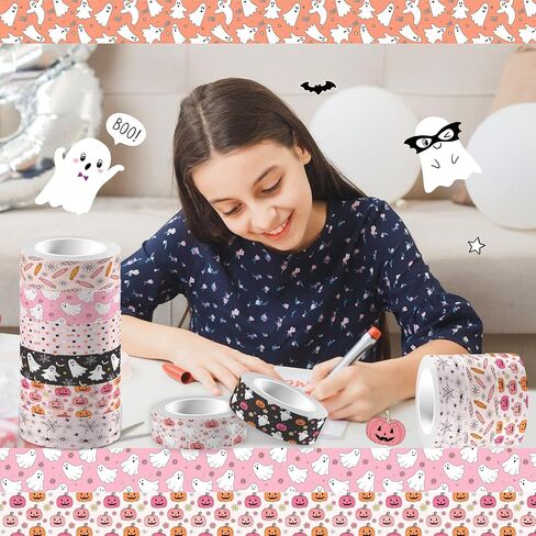 12 رولز هالوين شريط Washi Pink Halloween Pumpkin Ghost Flower Prints Laving Tape 16.4ft Cute Discorative Boho Design Tape Stickers for Halloween Scrapbook Journal Diy Art Craft Glapp in Kuwait