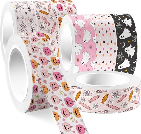 12 رولز هالوين شريط Washi Pink Halloween Pumpkin Ghost Flower Prints Laving Tape 16.4ft Cute Discorative Boho Design Tape Stickers for Halloween Scrapbook Journal Diy Art Craft Glapp in Kuwait